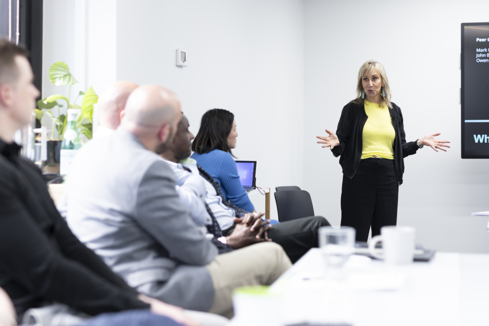 A woman delivering a presentation in a boardroom setting