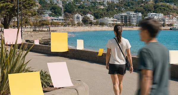 City scene with notes and people walking