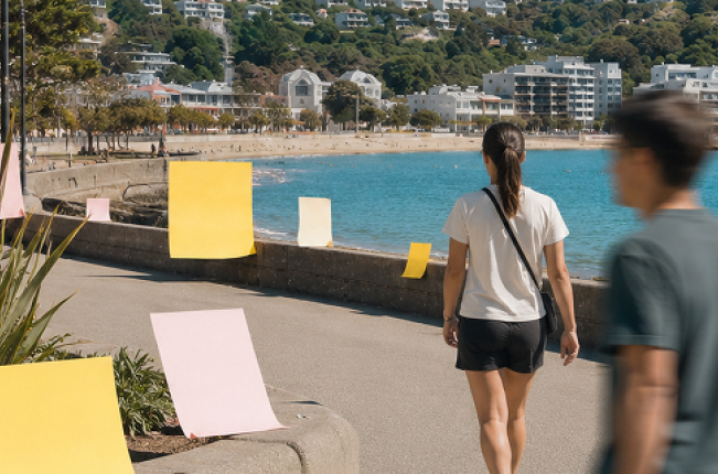 City scene with notes and people walking