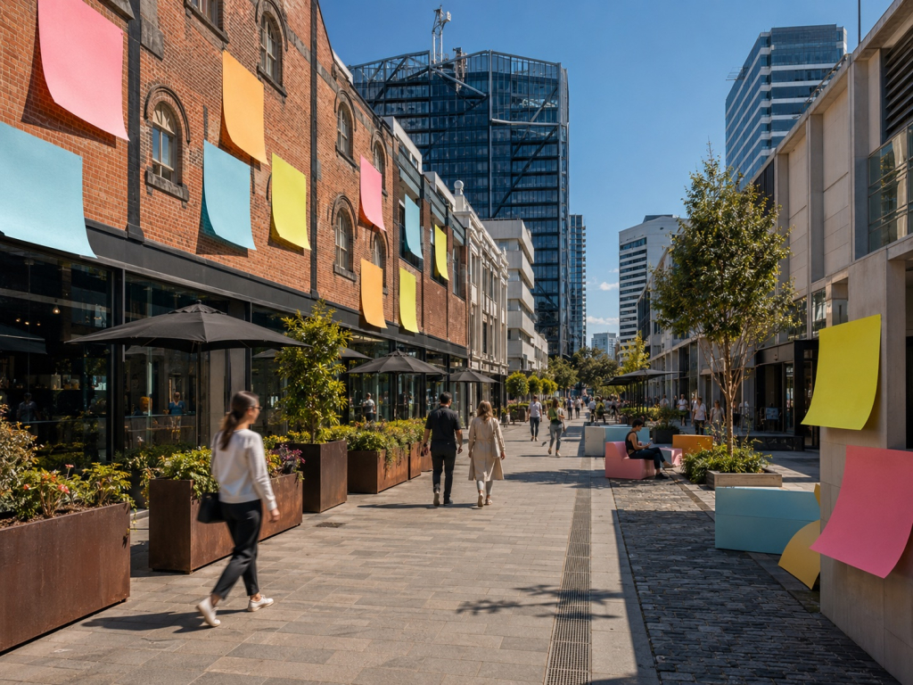 A sunlit urban laneway with people walking past planters and outdoor seating.