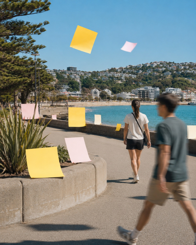 A person walking along a sunny coastal waterfront promenade.